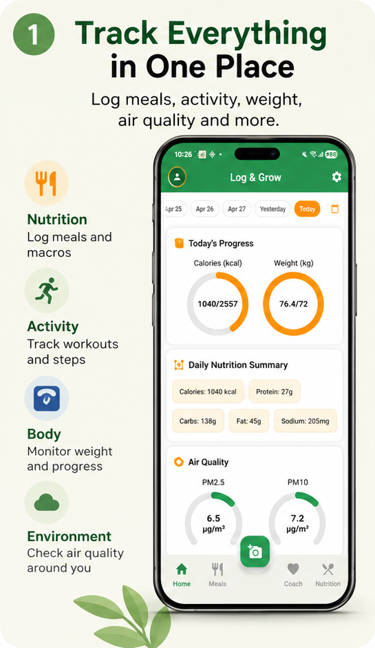 Log & Grow — Track everything in one place: nutrition, activity, body metrics and air quality